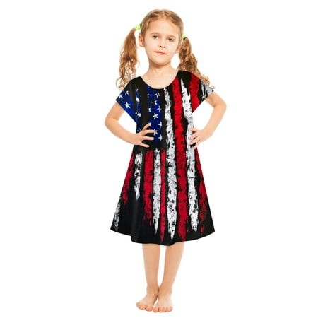 

Odeerbi 4th of July Patriotic Summer Dress for Girls Stars and Stripes Dress Toddler Kids Independence Day Print Fashion Short Sleeve Cute Dress Multicolor