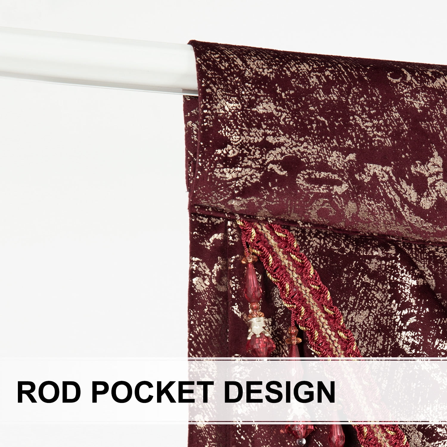 VOGOL Modern Waterfall Valance for Bedroom, Red Textured Stripe Print Velvet Curtain with Beaded Tassels, Rod Pocket Design, 43x39 Inches, 1 Piece