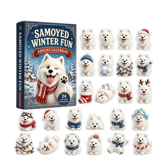 2026 Christmas Samoyed Winter Fun Advent Calendar, 24Pcs 2D Mini Flat Figurine Collectible, 24 Days of Xmas Countdown Calendar Crafts, Cute Samoyed Character Xmas Ornaments for Girls and Boys 