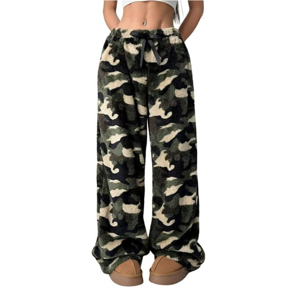 Hearthz Women's Fleece Pajamas Camouflage Soft Fuzzy Elastic Waist Wide Leg Sleep Pants with Pockets Fall Winter Warm Pajama Bottoms Women