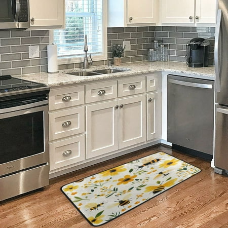 

Long Floor Mat 39x20Inch Kitchen Mat Bathroom Mat Living Room Mat Bedroom Mat Absorbent Delicate Fabric No Ball Do Not Fade Yellow Flowers and Bees