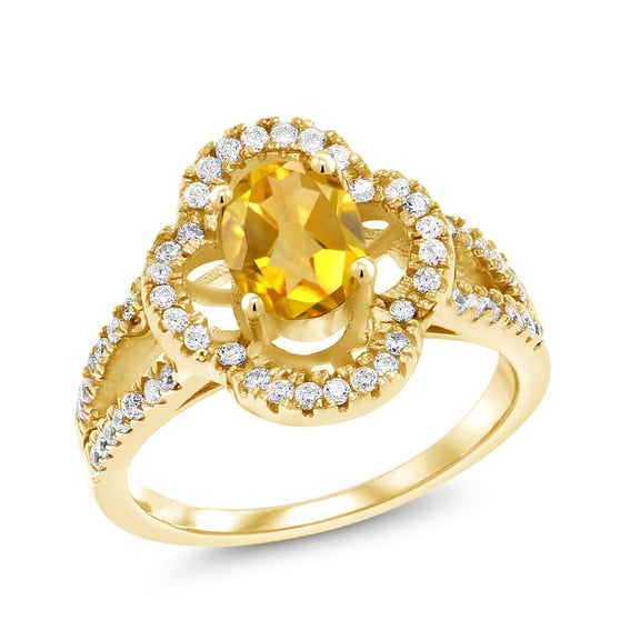 Gem Stone King 1.67 Ct Oval Yellow Citrine 18K Yellow Gold Plated Silver Ring (Size 5)