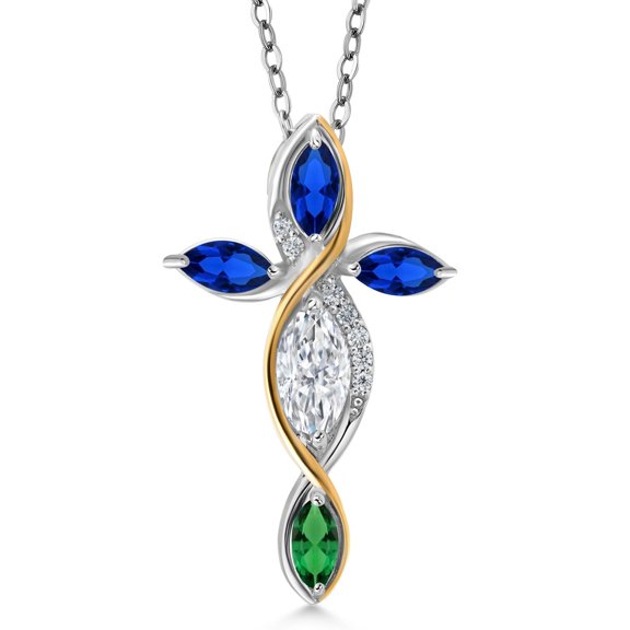 Cross Necklace for Women in 925 Silver and 10K Yellow Gold with Moissanite and Created Sapphire and Nano Emerald | 1.47 Cttw | Jesus Christian Religious Crucifix | Marquise 8X4MM | 18 inch Chain
