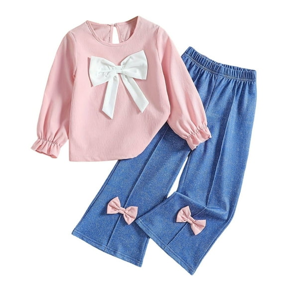WOYY Toddler Girls 2 Piece Bow Long Sleeve Blouse Shirt Denim Jeans Outfits, Sizes 3-4T