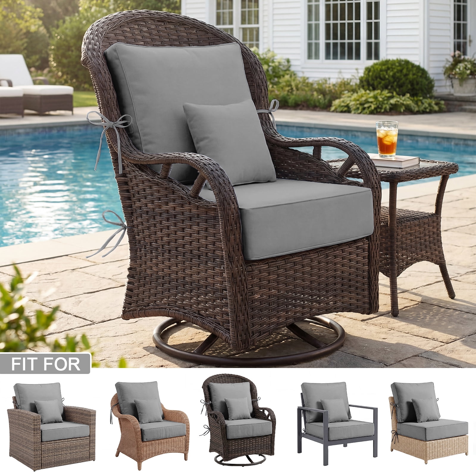 5 Set Outdoor Chair Cushions 24 x 24 x 6 inch for Patio Furniture, Fade & Water Resistant Patio Cushions with Removable Cover and Straps, Gray