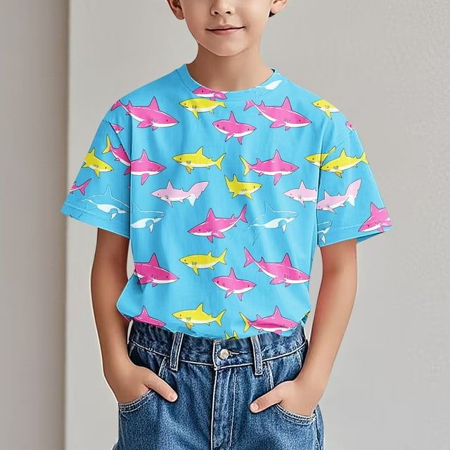 SGFCWSX T-Shirts Graphiques pour Garçons, Manches Courtes, Respirant, Col Rond, T-Shirt d'Été Décontracté pour Enfants, Bleu Ciel, 5-6 Ans