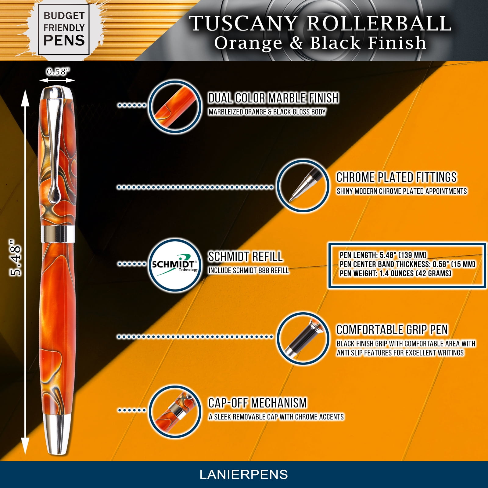 Orange & Black Marbleized Gloss Body, Tuscany Rollerball Pen (Black Ink, Medium Tip 0.7 MM)
