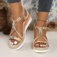 thumbnail image 2 of Rokment Glitter Rhinestones Bohemian Wedge Dressy Sandals for Women Ethnic Handwoven Rope Lined Sole Open Toe Espadrilles Platform Elastic Ankle Strap Walking Dress Beach Summer Shoes Gold Size 9, 2 of 7