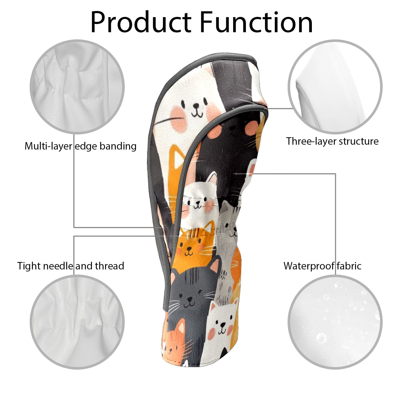 Golf Club Head Covers - Multi-Colored Cat Design, PU Leather, Waterproof, Fits Fairway Woods/Hybrid, Unisex, Fits Most Brands
