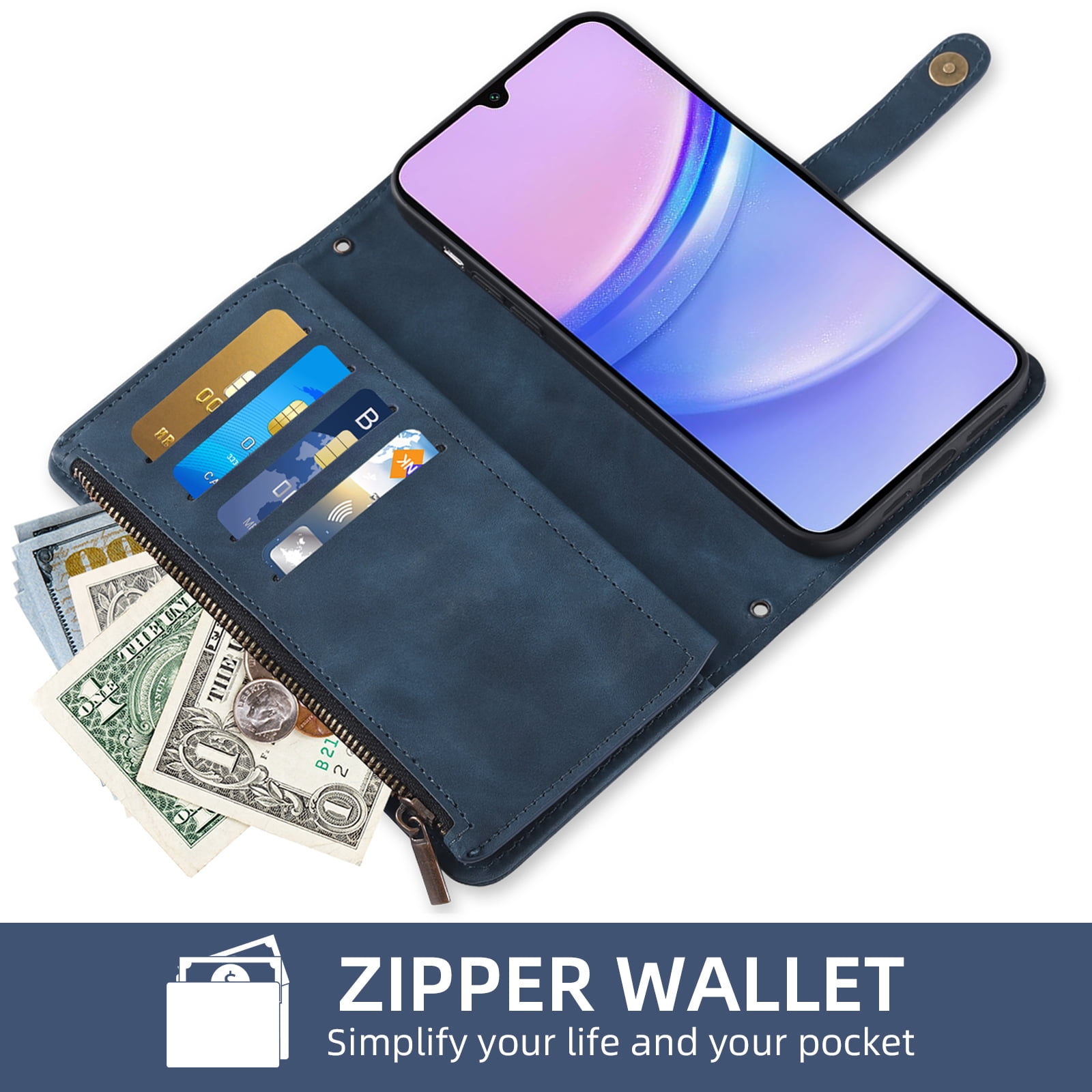 Asuwish Phone Case for Samsung Galaxy A15 5G/4G Wallet Cover With Tempered Glass Screen Protector Crossbody Wrist Strap Flip Pattern Zipper Credit Card Holder Stand Cell A 15 G5 15A Women Men Blue