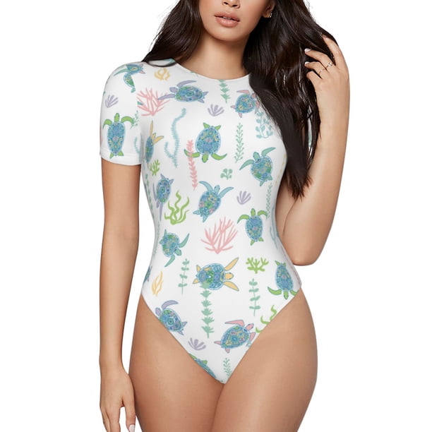Balery Sea Turtle Body de cuello redondo de manga corta para mujer Tops de manga corta Tops básicos-Medium