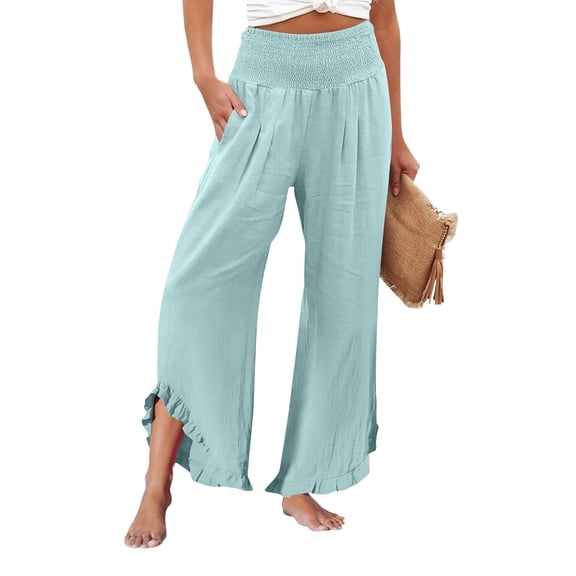 Garbnen Womens Pants Palazzo Flowy Ruffle Hem Wide Leg Pants for Women Elastic Waist Summer Beach Travel Trouser Pants for Women with Pockets