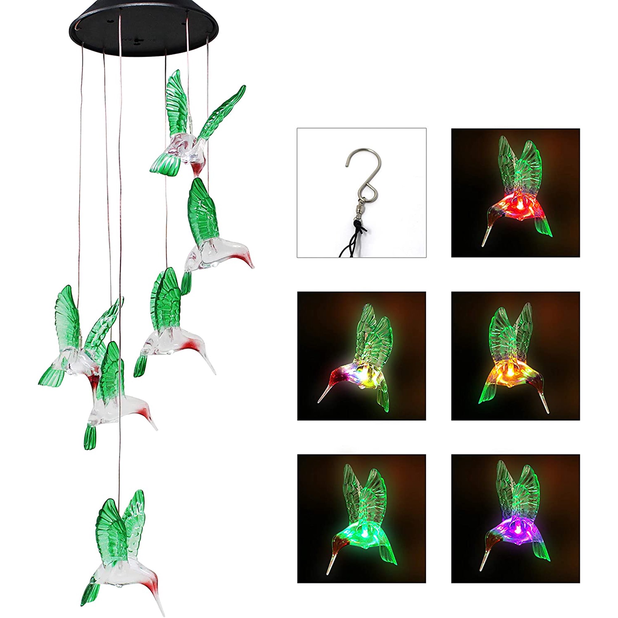 QiShi Solar Hummingbird Wind Chime with Color-Changing LED Light photo 5