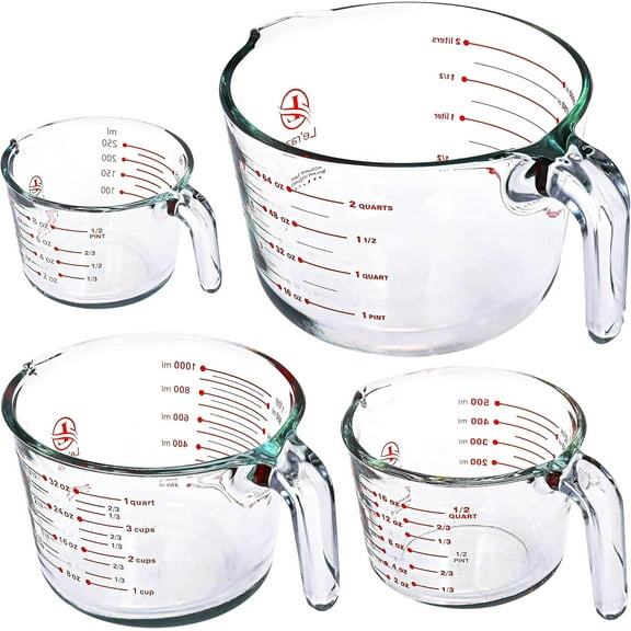 Set of 4 Glass Measuring Cups - Kitchen Mixing Bowl, Liquid Measure Cup, Glass Bakeware Batter Bowls. 1 cup, 2 cup, 4 cup, 8 cup.