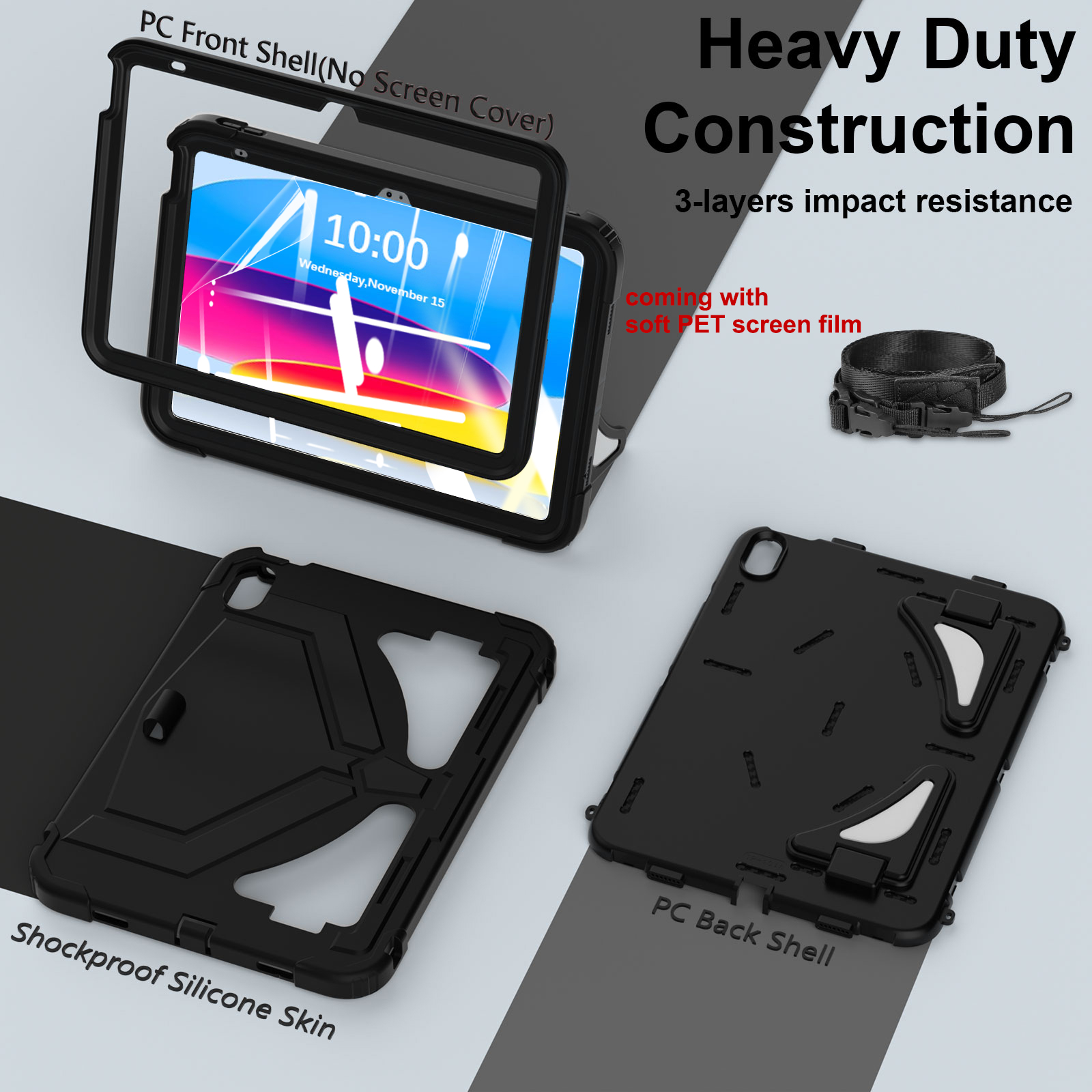 Dteck Case for 2025 Apple 11-inch iPad A16/ 10.9-inch iPad 10th Generation 2025 Cover with Pencil Holder Screen Protector Shoulder Strap Kicsktand Thickned Cornor for Kids Boys,Black