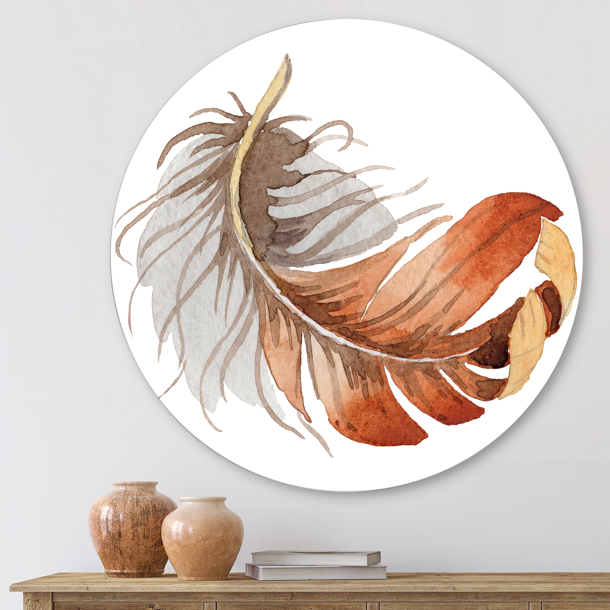Designart 'Orange Ethnic Bird Feather On White' Bohemian & Eclectic Circle Metal Wall Art 23x23 - Disc of 23