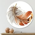 thumbnail image 2 of Designart 'Orange Ethnic Bird Feather On White' Bohemian & Eclectic Circle Metal Wall Art 23x23 - Disc of 23, 2 of 5