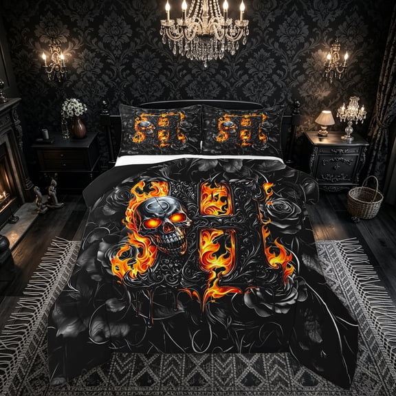 Feelyou Fire Skull Rose Letter Full Size Comforter Sets for Men, Flame Gothic Floral Bedding Comforter Set, Black Orange, Black Reversible, 3 Pieces, 1 Comforter and 2 Pillowcases