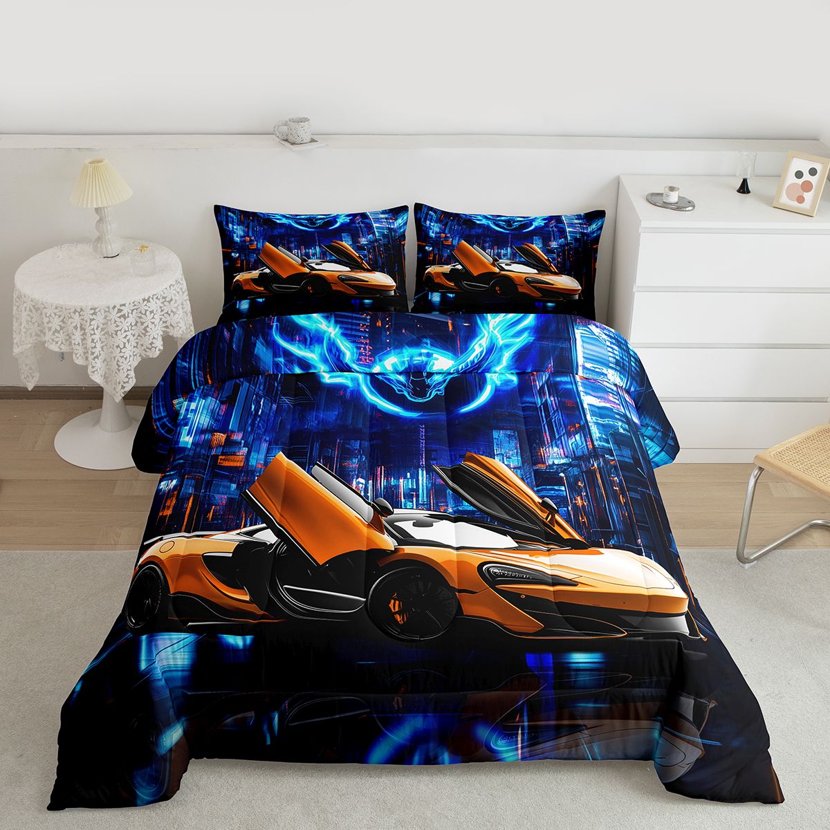 Feelyou Speed Sports Lover Bedding Comforter Set for Child, Fashion Automobile Twin Comforter Sets, Neon Stripes Lines Reversible Bedding Set, Lightweight Room Decor, 2-Piece