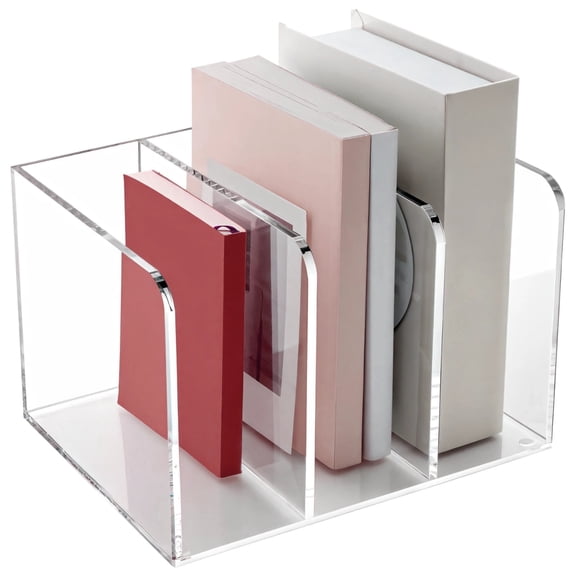 Clear Acrylic Desk File Organizer, 3-Compartment Transparent Bookshelf Magazine Sorter, Upright Document Folders Storage, 8.5 x 7.3 x 2.8 in
