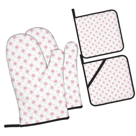 

Honeii Animal Pink Color Paw Pattern Oven Mitts and Pot Holders Silicone Oven Gloves 500 F Heat Resistant Oven Mitts Sets 4PCS