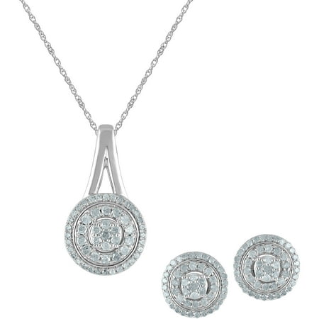 1 Carat T.W Diamond Sterling Silver Pendant and Earring Three-Piece Box Set