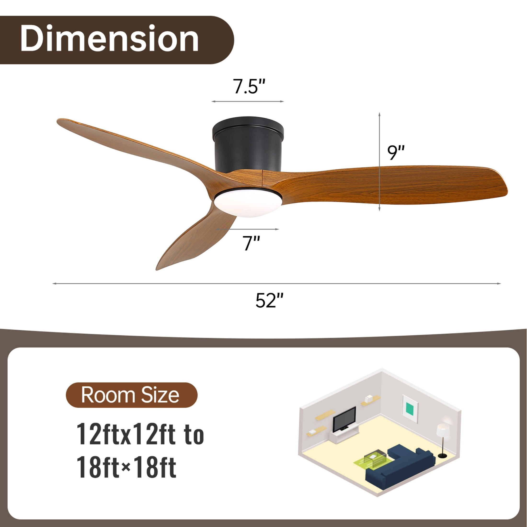 Sofucor 52-Inch ABS Flush Mount Black Ceiling Fan with Integrated LED Light and Remote Control,Smart Ceiling Fan and APP Control