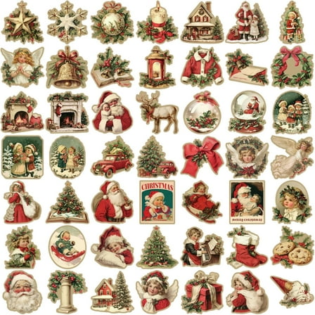 50 Pcs/Set Retro Christmas Sticker Water Bottle Sticker Waterproof Holiday Sticker Aesthetic Decal Preaent for Kids