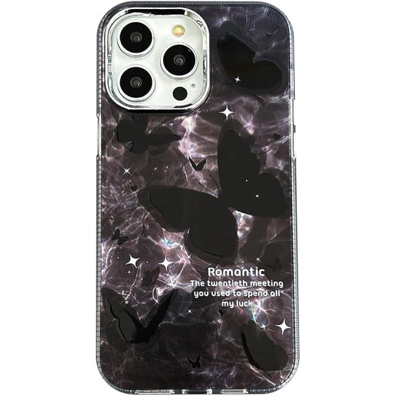 Cool Black Butterfly Star Marbling Shell Texture Phone Case Compatible with iPhone Case (Black,iPhone 15)