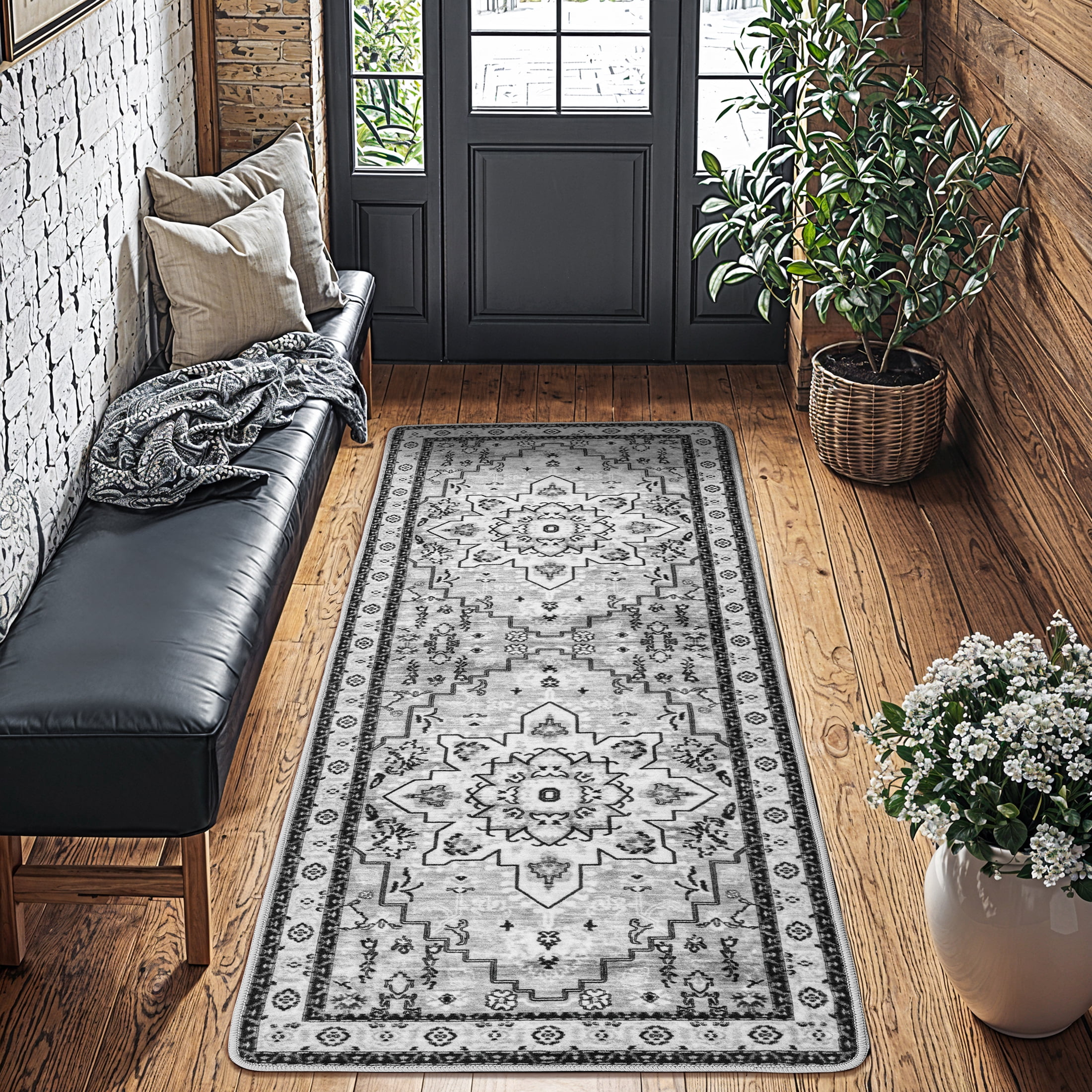 Sonoro Kate 2x6 Area Rugs for Living Room Bedroom, Non Slip Boho Machine Washable Indoor Floor Carpet, Gray