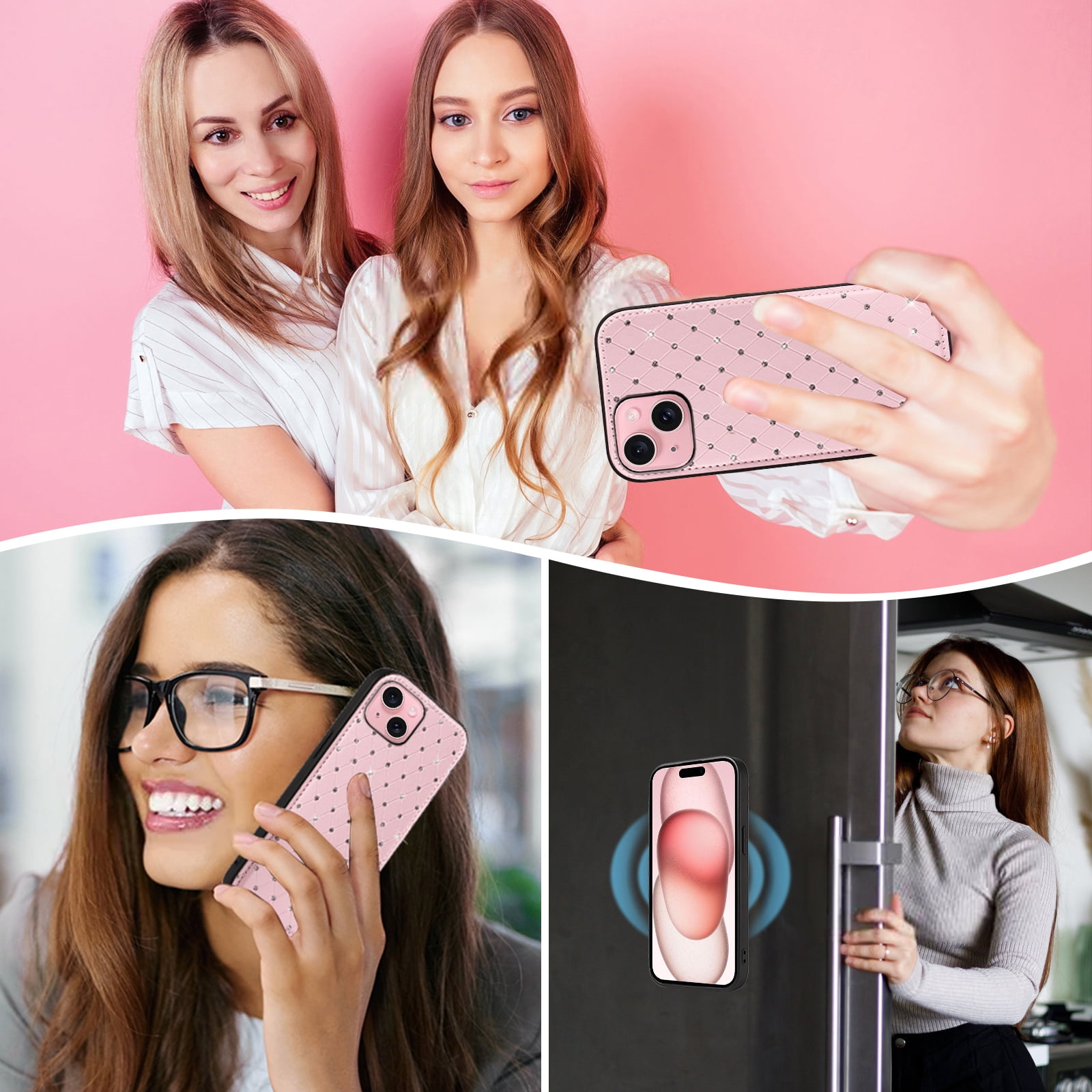 Asuwish Phone Case for iPhone 15 6.1 inch Zipper Wallet Detachable Cell Cover with Tempered Glass Screen Protector Crossbody Lanyard Strap Bling Glitter Flip Card Holder Slot iP15 Women Girls Pink