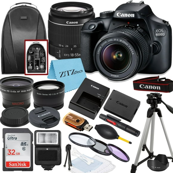 Canon EOS Rebel T100 / 4000D DSLR Camera with 18-55mm Lens, SanDisk 32GB Memory, Tripod, Backpack and ZeeTech Bundle
