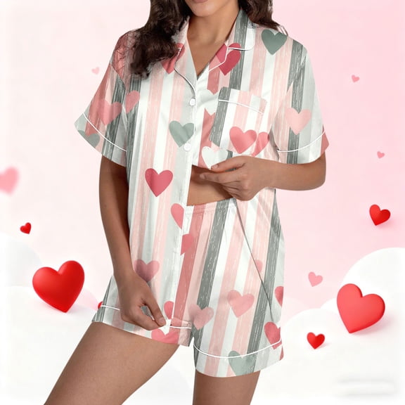 Vetsdori 2 Pieces PJ Sets for Women Short Sleeve Heart Print Homewear Button up Sleepwear,Summer Holiday Loungewear Soft Pockets Womens Pajamas Casual