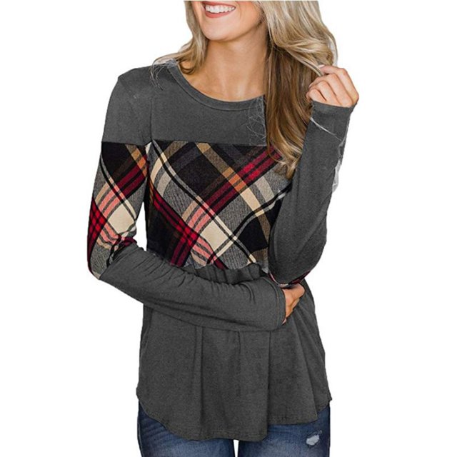 Femmes à Carreaux Manches Longues Col Rond Tops Femmes Chemise en Vrac Style Col Rond Manches Longues T-shirt Casual Pull Tops