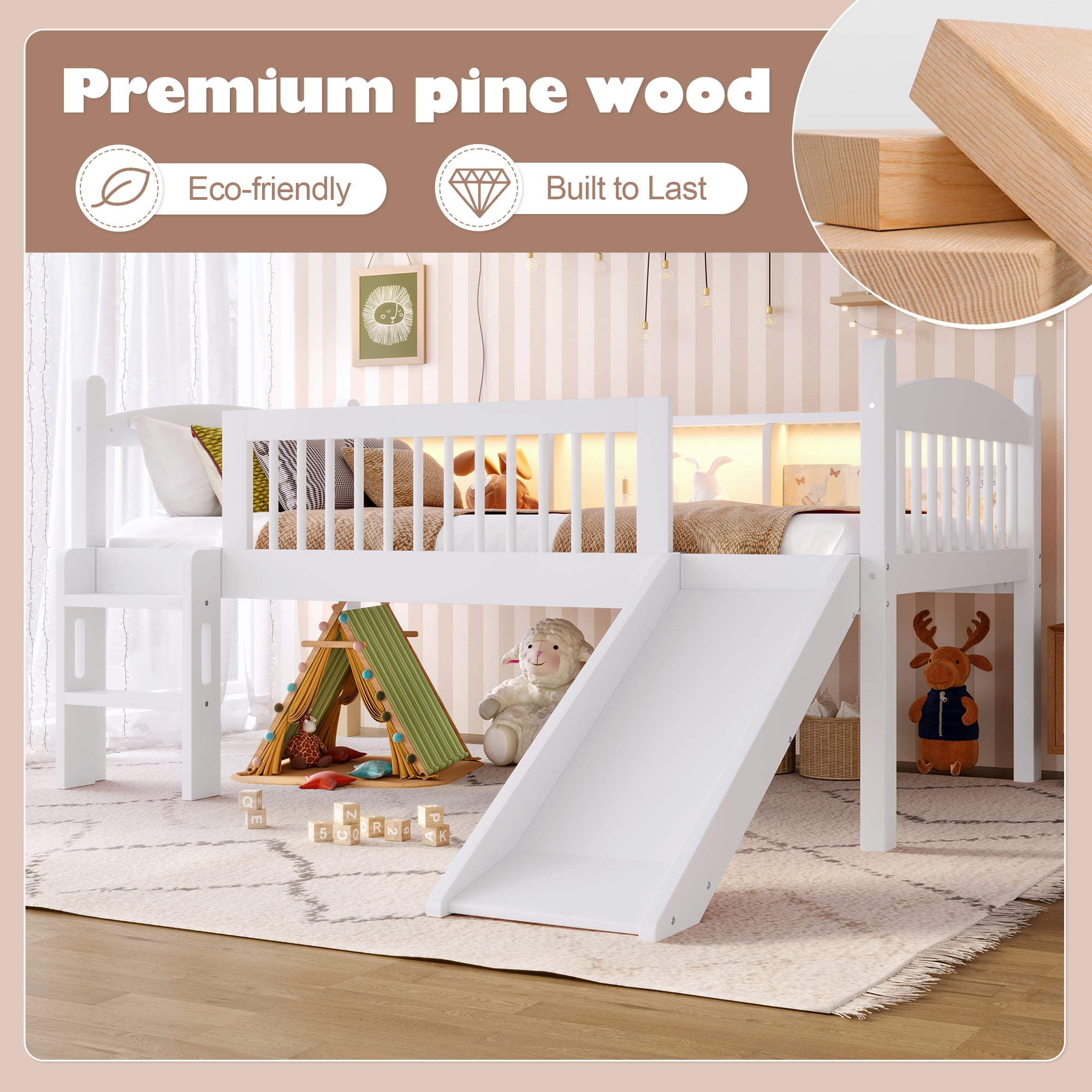 Leumius Twin Size Loft Bed with Slide,Solid Wood Loft Bed Frame with Storage Shelves,LED Lights and Full-length Guardrails,No Box Spring Needed,White