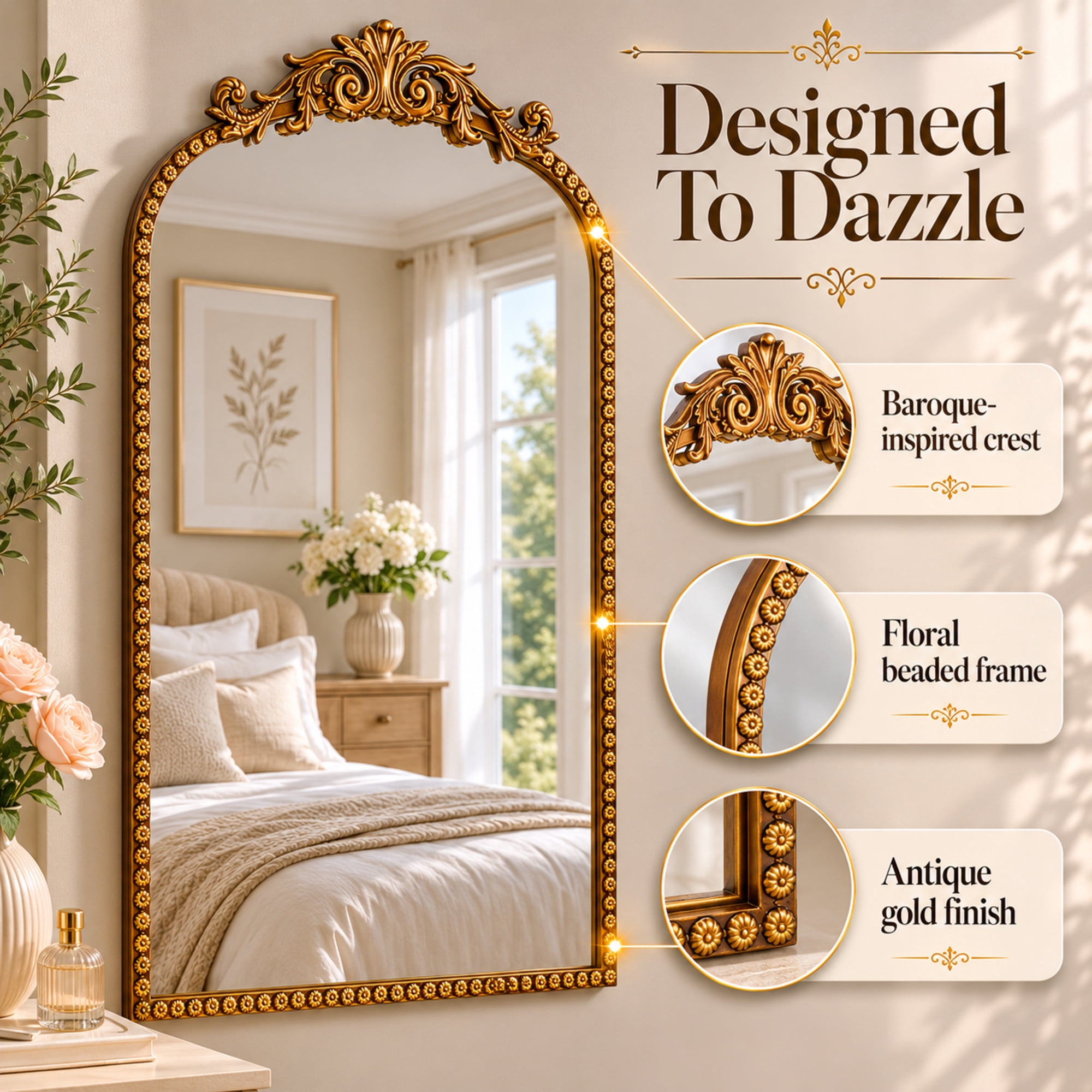 Crystal Art Gallery 30” x 20” Antique Gold Arch Wall Vanity Mirror, Ornate Vintage Baroque Mirror with Decorative Scroll Crest, Beaded Frame & Keyhole Hanging for Bedroom Entryway