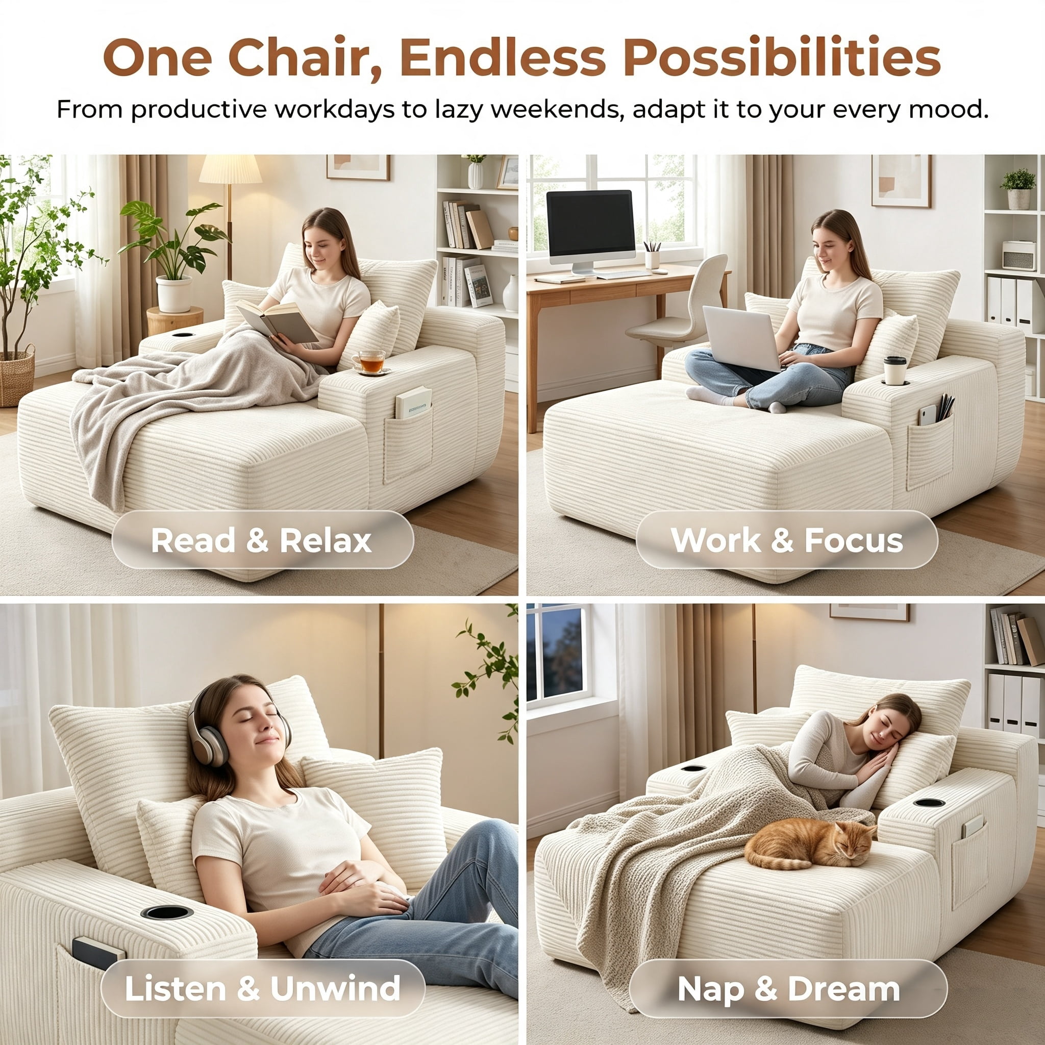 ShiKeyi 65'' Chaise Lounge Chair Indoor, Boneless Sofa Cloud, Plush Corduroy Chaise Couch with Cup Holders, Side Storage Pocket & Pillows, No Assembly Required, Beige