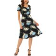 thumbnail image 3 of INSPIRE CHIC Women's Printed Sweetheart Neck Puff Sleeves Hidden Side Zipper Smock Midi Dress XS Floral Black, 3 of 7