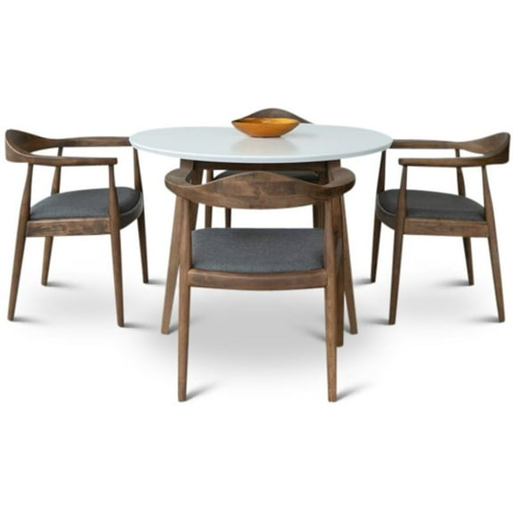 Pemberly Row 5-Piece Mid-Century Dining Set White Table Gray Fabric Chairs