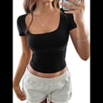thumbnail image 2 of Camisetas de Corta con Cuello Redondo y Punto Acanalado para Mujer, Ropa Informal de Verano 2025 Negro S, 2 of 7