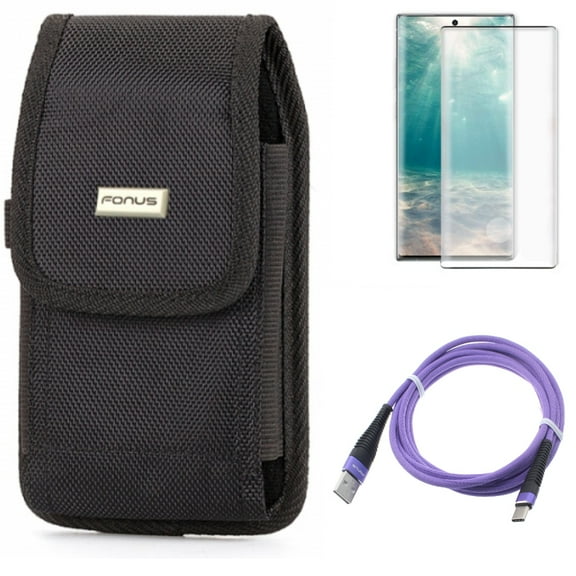 Screen Protector & Case Belt Clip & Purple 6ft PD Cable for Samsung Galaxy Note 20 (6.7") - Combo with Tempered Glass (Fingerprint Unlock) & Swivel Holster & Type-C to USB-C Long Charger Cord