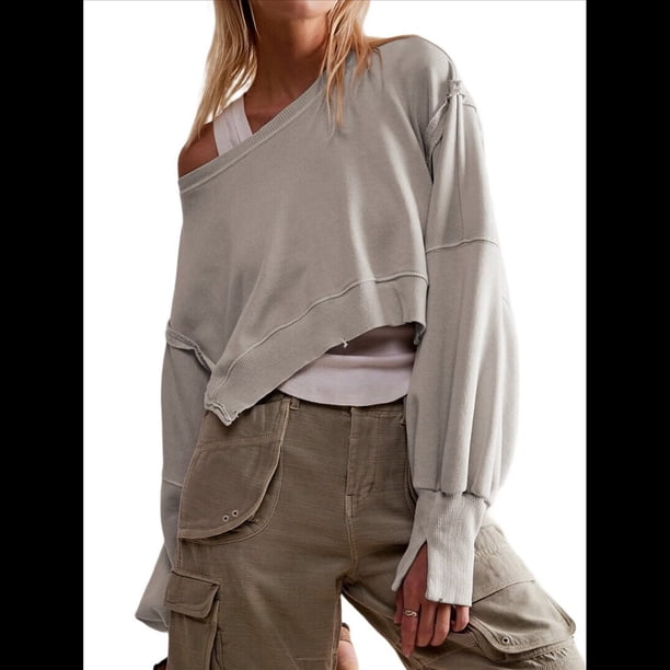 Sudadera Corta para Mujer, Cuello Redondo, Larga, Talla Grande, Otoño-Invierno 2025, Estilo Jersey Holgado. Gris XL