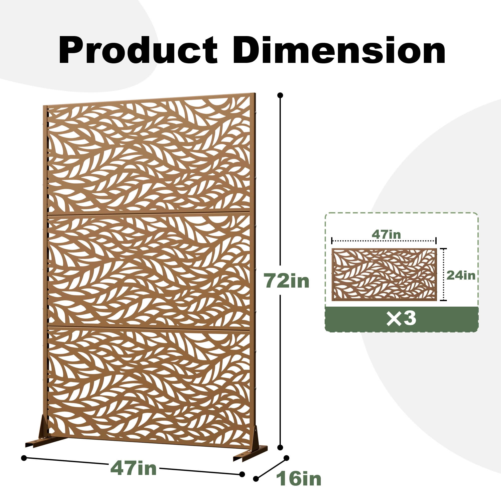 MAYEERTY Brown Rectangular Galvanized Metal Privacy Screen, Outdoor Garden Patio, 72×47×16in, 3 Panels