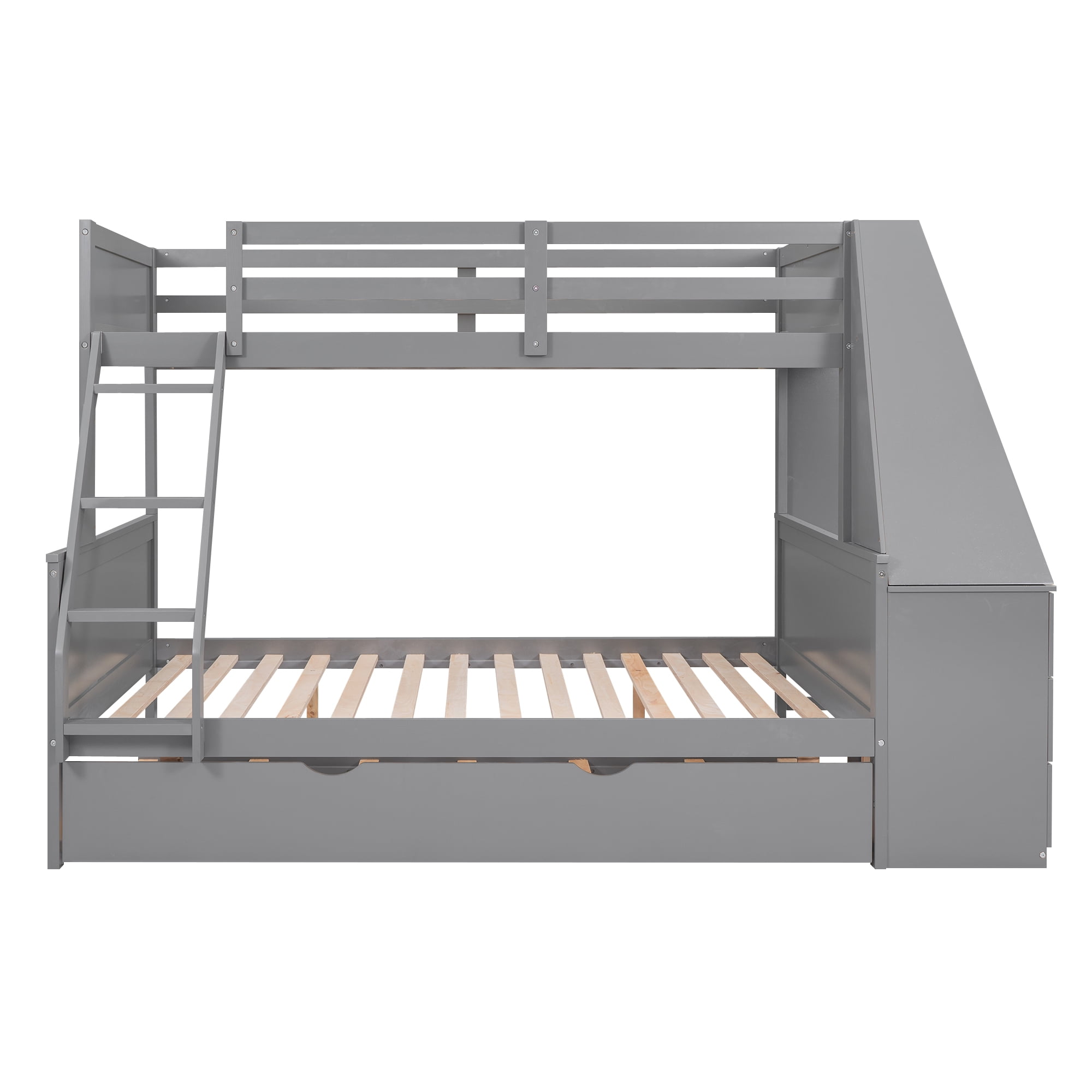 EUROCO Wood Twin over Full Bunk Bed with Twin Trundle, Built-in Desk with Shelf and 3 Drawers for Kids Teens Adults, 3-in-1 Beds, Gray