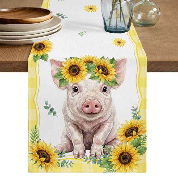 Sunflower Pig Table Runner 36 Inches, Summer Eucalyptus Yellow Plaid Bed Runner Dresser Scarves Tabletop for Indoor Outdoor Parties/Ceremony/Banquet, 13"x 36"