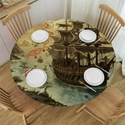 JEUXUS Treasure Map Brown Table Cloth Pirate Ship Sailing Adventure Sea Monster Island Round Tablecloth 60 Inch for Dining Room, Party, Banquet