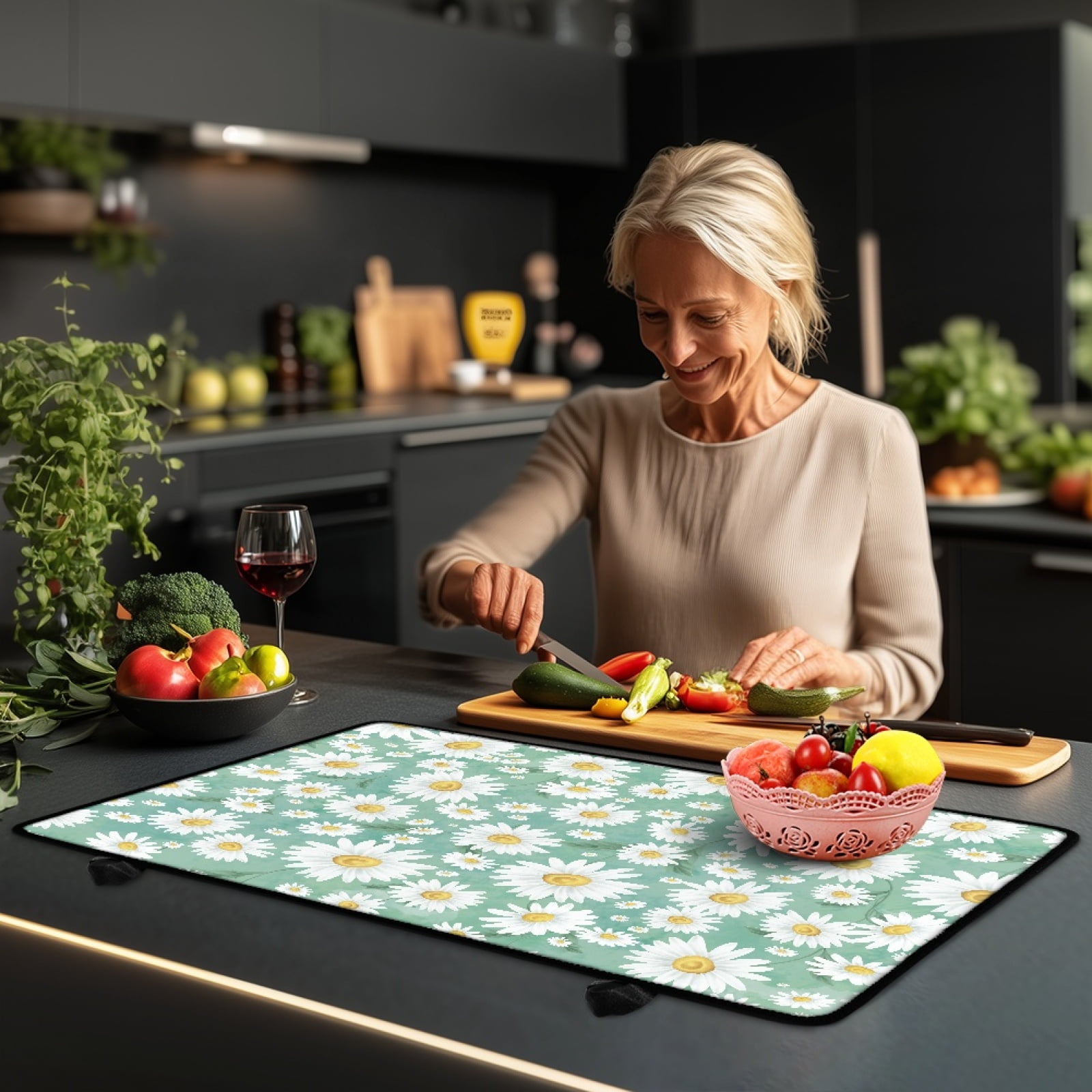 Renewold Stove Top Cover for Glass Stove Top, Ceramic Glass Stove Cover Mat Oil Resistant Prevent Scratching Oven Mat Protector Expands Usable Space, Daisy Green