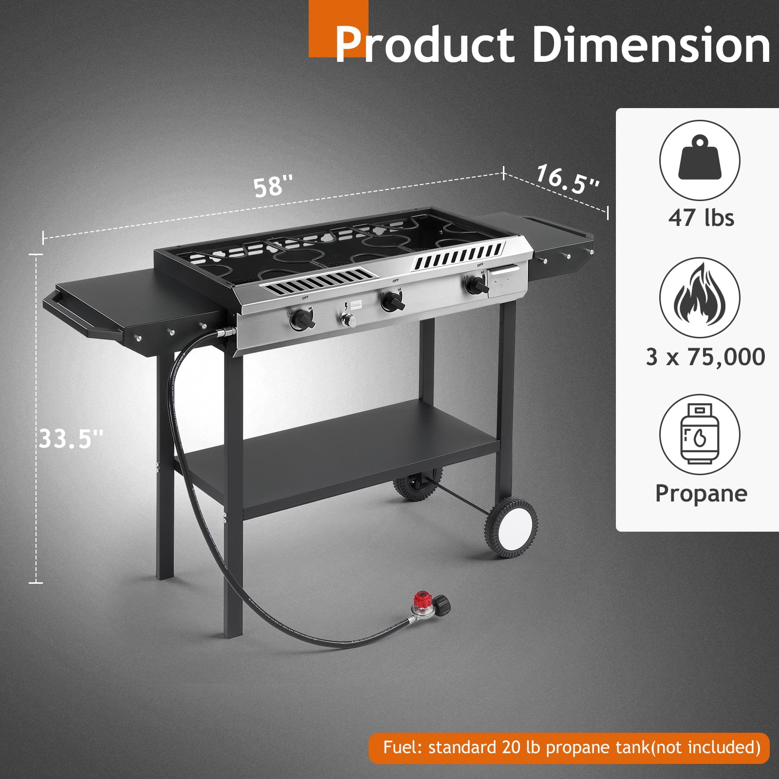 Ktaxon 3 Burner Propane Stove Gas Cooker with Auto Ignition,Side Shelf,225,000 BTU for Outdoor Cooking