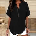thumbnail image 4 of Womens Cotton Linen Tunic Tops Half Sleeve V Neck Pullover Tshirts Elbow Length Sleeve Blouses Dressy Casual Summer Trendy Loose Fit Boho Gauze Shirts Plus Size Flowy Outfits Black L, 4 of 6