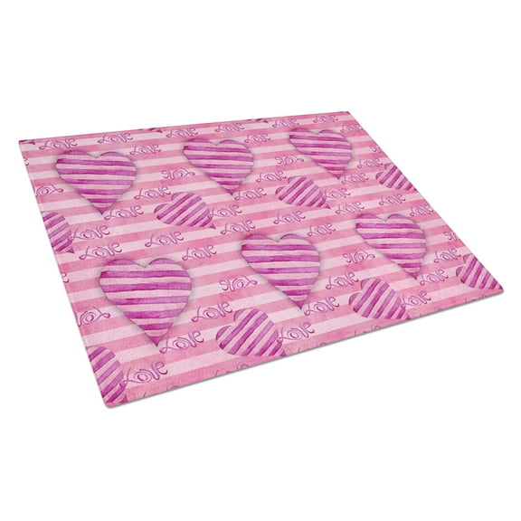Caroline's Treasures Watercolor Hot Pink Striped Hearts Glass Cutting Board Large